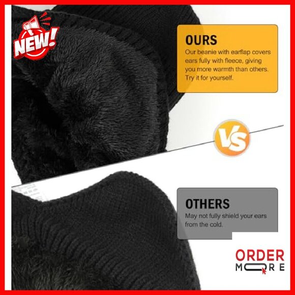 Fleece-Lined Winter Beanie with Brim & Ear Flaps, Warm Knit Hat main image 6